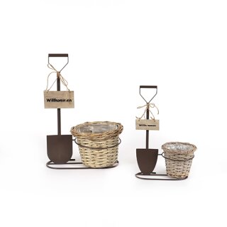 PD Deko Spaten aus Metall  mit Pflanzkorb und Holzschild Willkommen