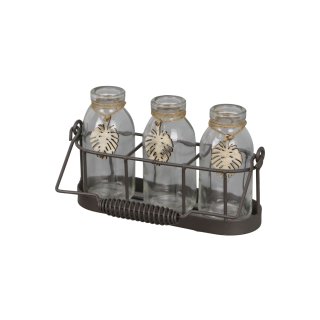 Metal rack with 3 glass bottles